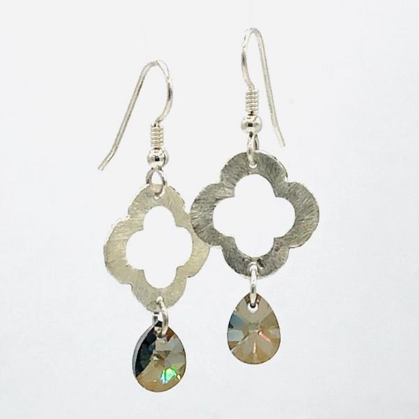 Flower/Four Leaf Clover Sterling Silver/Swarovski Crystal Earrings. Great texture, graceful dangle. Artful Handmade Jewelry DianaHDesigns! picture