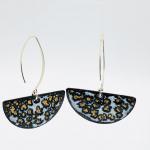 Modern handmade half-moon shape earrings in black/white/gold enamel dangle gracefully, long ear wires in sterling silver. By DianaHDesigns