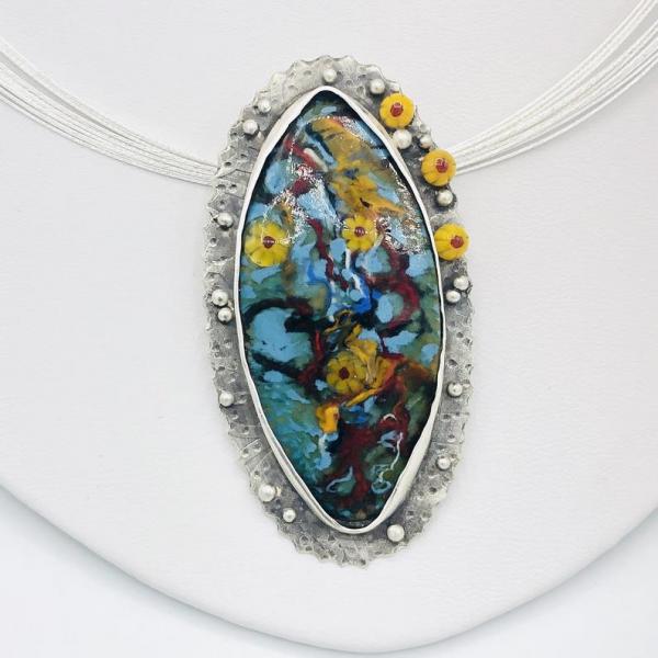 Handmade by Diana Hirschhorn...Yellow Daisy Water Garden Pendant Sterling Silver/Vitreous Enamel, optional Multi-Cable Neck Wire. So unique! picture