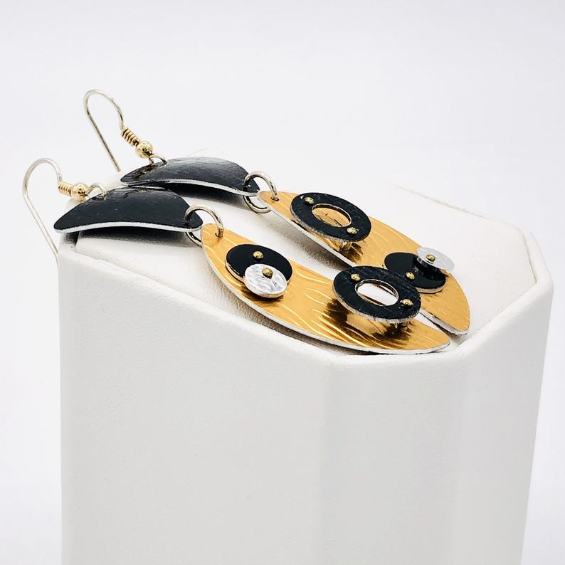 Modern, geometric earrings. Architectural 3D celestial design! Lightweight anodized aluminum, one-of-a-Kind. Fun! Handmade DianaHDesigns picture