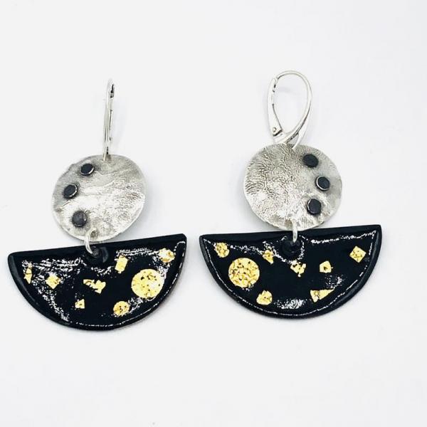 Reticulated sterling silver/24K gold/enamel modern bold half moon leverback earrings! DianaHDesigns/Artful Handmade Jewelry. Custom order. picture
