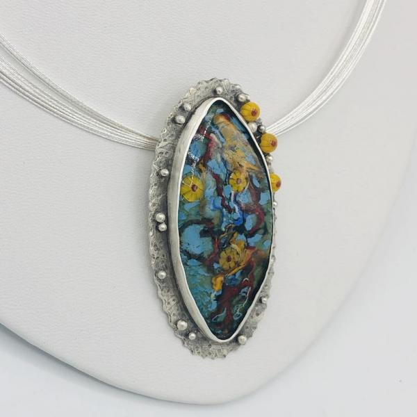 Handmade by Diana Hirschhorn...Yellow Daisy Water Garden Pendant Sterling Silver/Vitreous Enamel, optional Multi-Cable Neck Wire. So unique! picture