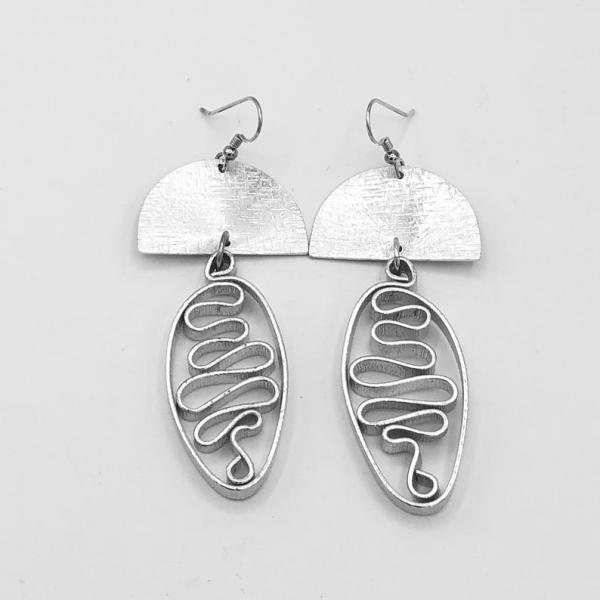 Bold silver aluminum statement earrings by DianaHDesigns. Handmade, contemporary, geometric, lightweight and graceful! One-of-a-kind pair! picture