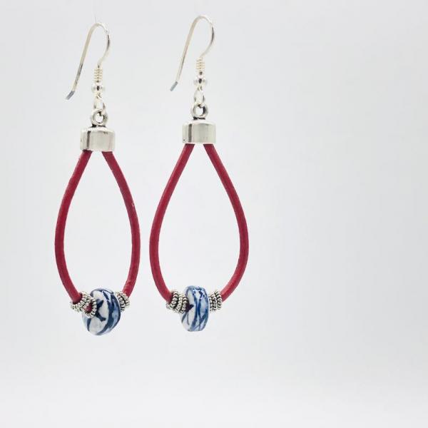Handmade leather dangle earrings in red, blue, white with silver accents. Lightweight, one-of-a-kind. Sterling ear wires! DianaHDesigns picture