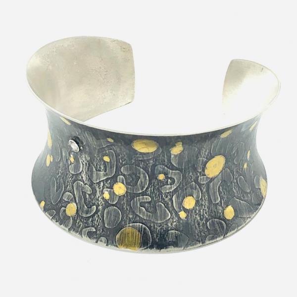 Oxidized Sterling and 24k Gold Modern Statement Cuff bracelet. Contemporary Keum-bo, White Sapphire. DianaHDesigns/Artful Handmade Jewelry