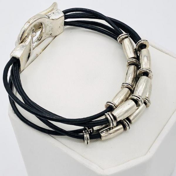 Black Leather Bracelet Magnetic Clasp Stackable Wrap Handmade Artisan Multi-Strand One-of-a-Kind with Silver tone beads, supple leather cord picture