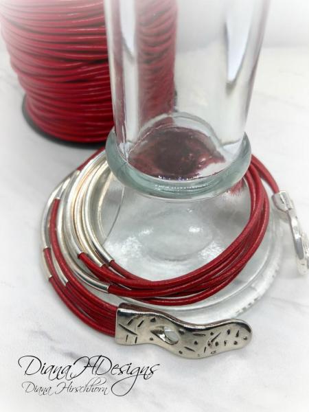 Red Leather Multi-Strand Double Wrap Bracelet with Silver Tone Beads, Magnetic Buckle Clasp. Artful Handmade Jewelry by Diana Hirschhorn picture