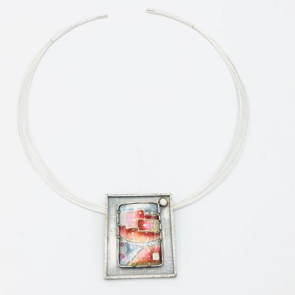 Architectural, Modern Handmade Cloisonné/Sterling Silver Necklace by DianaHDesigns. Pink, Orange, Red, White/Grey Enamel, Choice of chain! picture