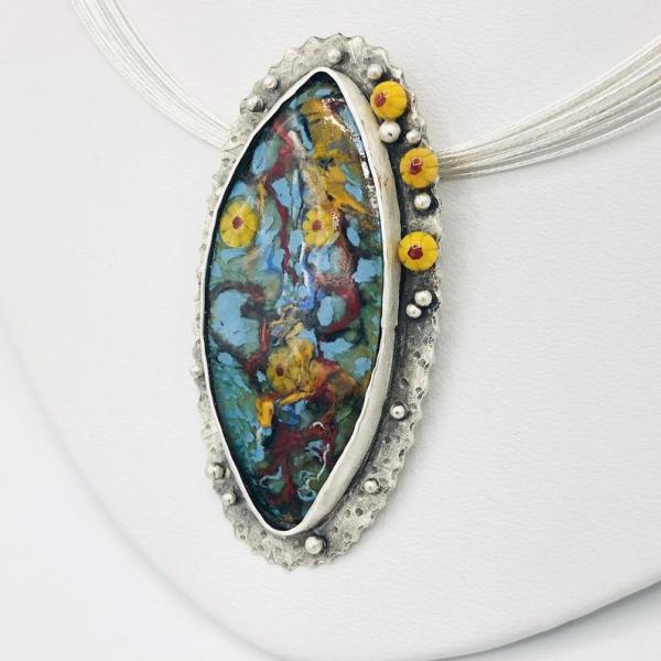 Handmade by Diana Hirschhorn...Yellow Daisy Water Garden Pendant Sterling Silver/Vitreous Enamel, optional Multi-Cable Neck Wire. So unique! picture