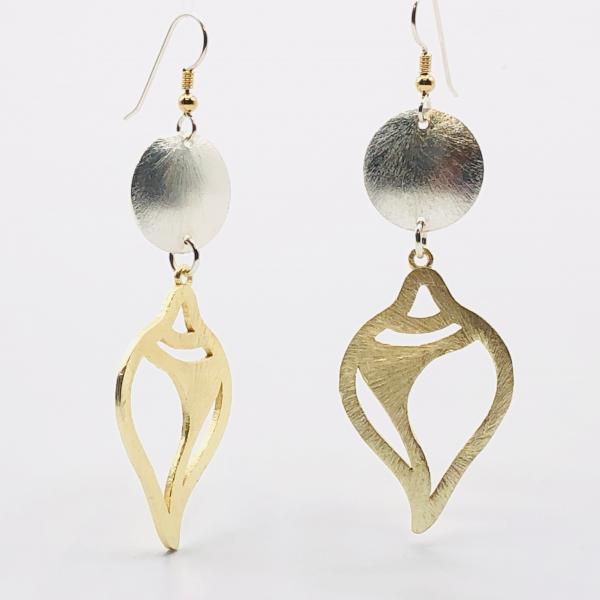 Modern gold/silver tropical dangle earrings geometric shell design, sterling silver ear wires. Artful Handmade Jewelry by DianaHDesigns! picture