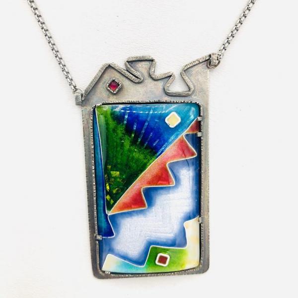 Contemporary, Modern Cloisonné Enamel & Sterling Silver Handmade Artful Necklace by DianaHDesigns. Rainbow...so many colors! Lovely chain! picture