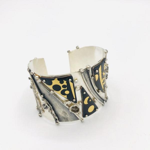 Sun/Moon/Stars reticulated sterling silver/24K gold/enamel cuff bracelet! Bold statement piece by DianaHDesigns/Artful Handmade Jewelry. picture