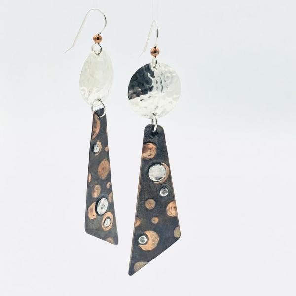 Artful Handmade Jewelry by Diana Hirschhorn Polka dot earrings dangle in copper/silver, make a statement. One-of-a-kind, sterling ear wires!