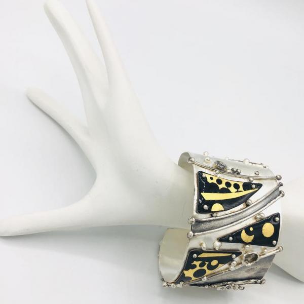 Sun/Moon/Stars reticulated sterling silver/24K gold/enamel cuff bracelet! Bold statement piece by DianaHDesigns/Artful Handmade Jewelry. picture