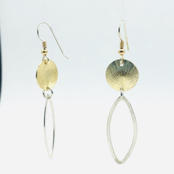 Modern gold/silver design earrings open oval/marquis leaf shape dangle from domed disc. Geometric, textured, lightweight, sterling earwires picture