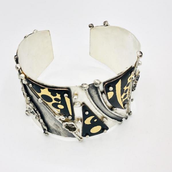 Sun/Moon/Stars reticulated sterling silver/24K gold/enamel cuff bracelet! Bold statement piece by DianaHDesigns/Artful Handmade Jewelry. picture