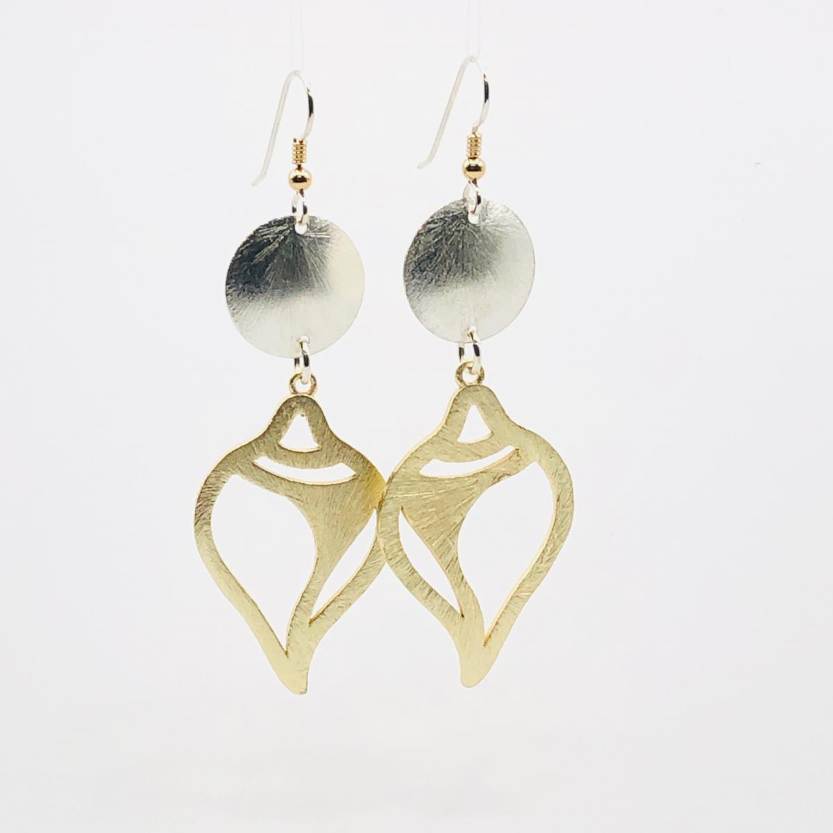 Modern gold/silver tropical dangle earrings geometric shell design, sterling silver ear wires. Artful Handmade Jewelry by DianaHDesigns! picture
