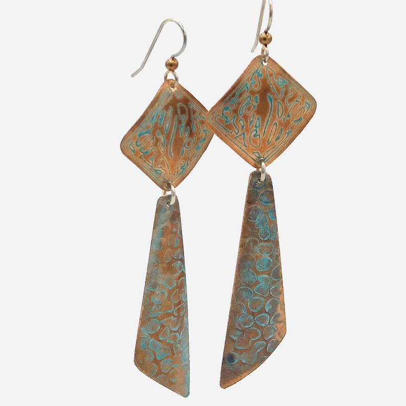 Long modern geometric copper pierced dangle earrings w/ boho flair! Handmade by DianaHDesigns! Etched, textured design, aged green patina. picture