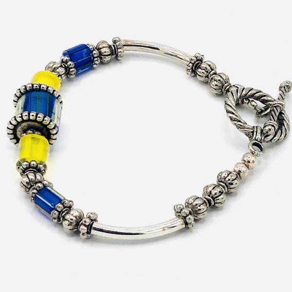 Blue and Yellow Bracelet by DianaHDesigns. Handmade Artisan Beaded Cane Glass, Silver Plated Beads & Toggle Clasp. Layer or wear alone!! picture