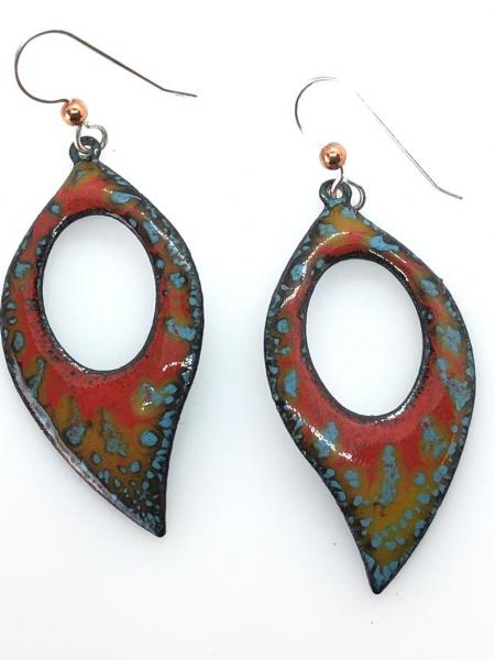 Colorful enamel pierced dangle leaf earrings handmade in gorgeous fall colors of red/blue/gold with sterling silver earwires. DianaHDesigns picture