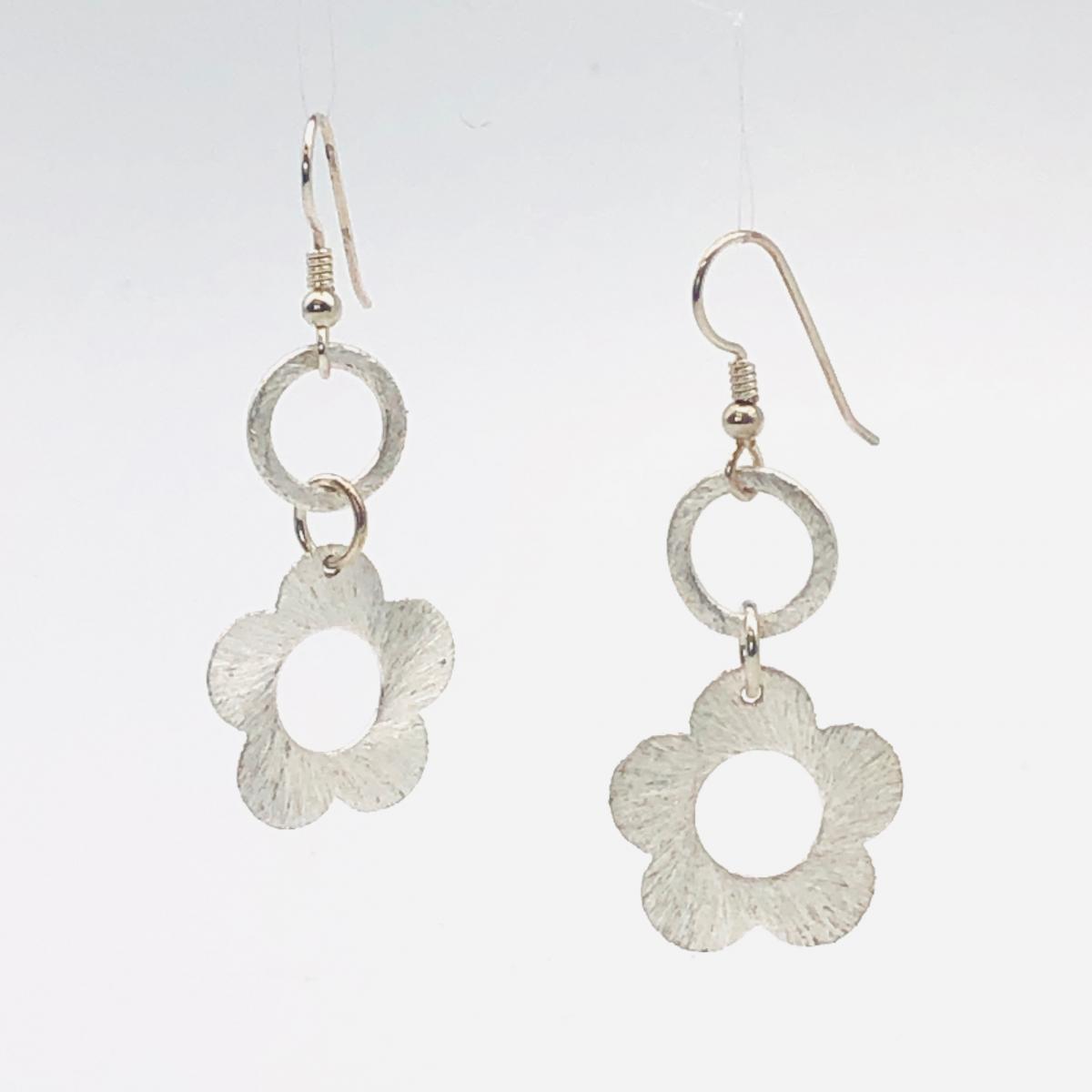 Graceful silver flower earrings. DianaHDesigns fun contemporary dangles. Lightweight, beautiful brushed plated finish, sterling ear wires! picture