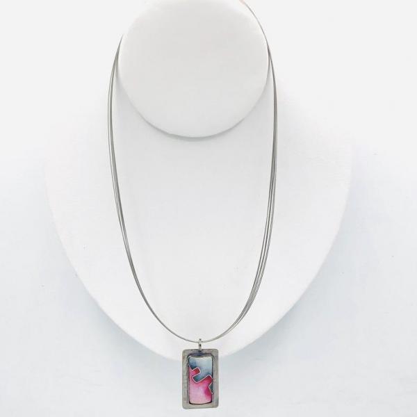 Diana Hirschhorn Modern Elegant Necklace Pink/Grey Cloisonné Enamel/Sterling Silver Contemporary, Geometric, One-of-a-Kind. Choice of chain! picture