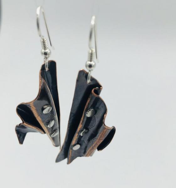 Fall colors, fan shaped, boho fold-formed copper/sterling earrings. One-of-a-kind & gorgeous dangles! DianaHDesignsArtful Handmade Jewelry picture