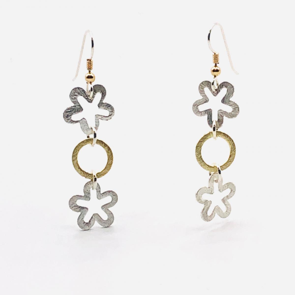 Interconnecting flower and circle dangle earrings in silver/gold, sterling silver ear wires. Elegant, sexy & lightweight. By DianaHDesigns picture
