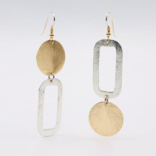 Modern asymmetrical geometric gold/silver earrings, sterling silver ear wires.  Fun, bold, lightweight and sexy dangles!  By DianaHDesigns picture