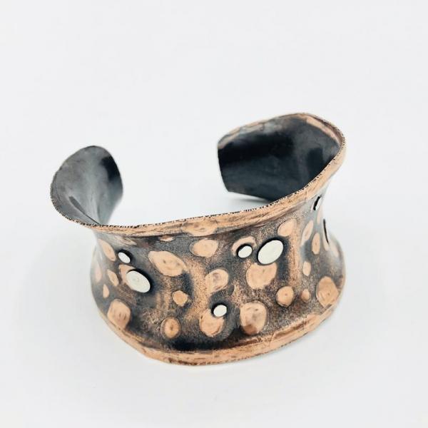 Polka dot cuff bracelet, copper with sterling silver accents. Animal print and texture one-of-a-kind! Unique, gorgeous patina, adjustable. picture