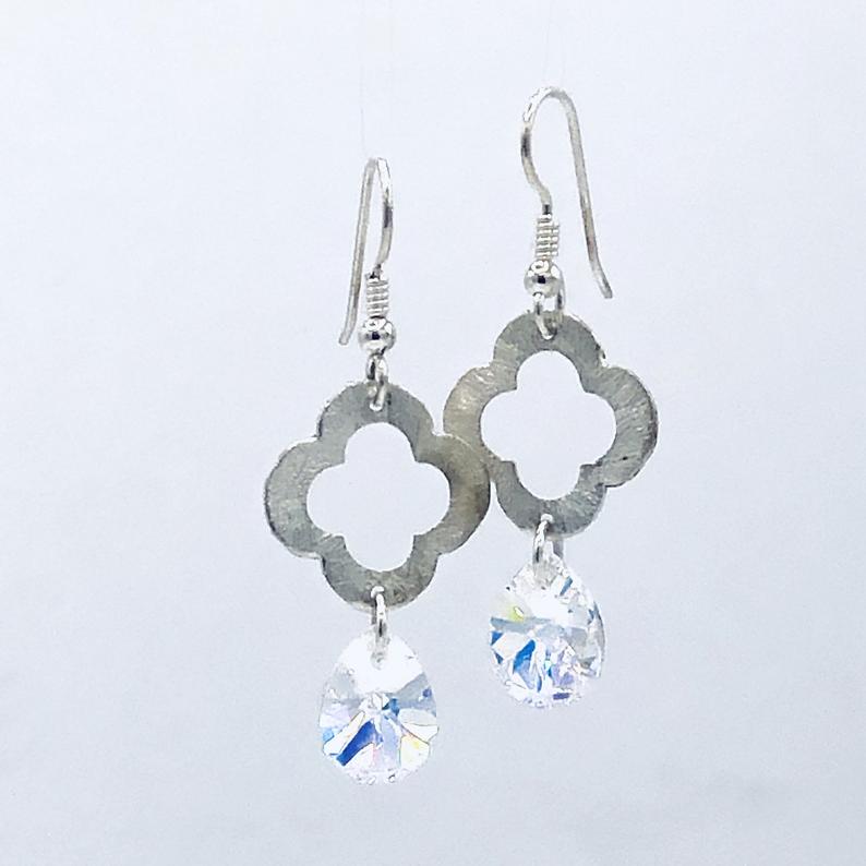 Sterling Silver/Swarovski Dangle Earrings Flower/Four Leaf Clover shape textured sterling silver by DianaHDesigns Artful Handmade Jewelry! picture