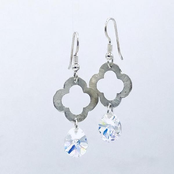 Sterling Silver/Swarovski Dangle Earrings Flower/Four Leaf Clover shape textured sterling silver by DianaHDesigns Artful Handmade Jewelry! picture