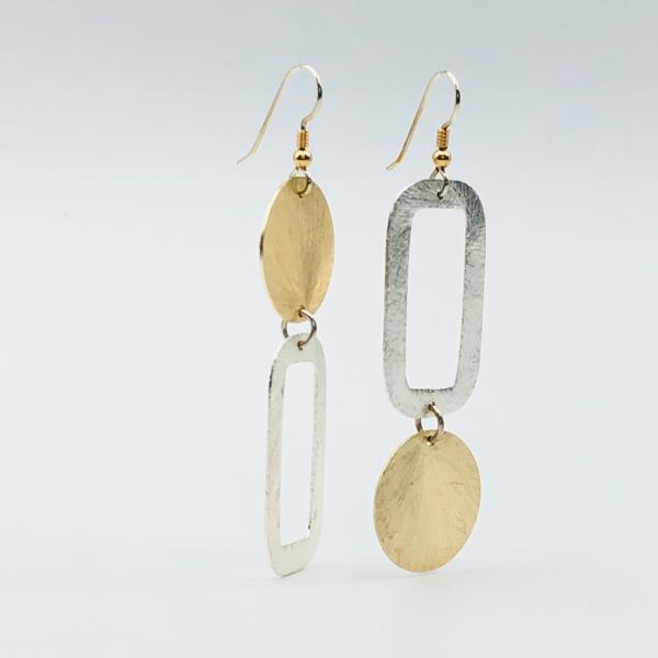 Modern asymmetrical geometric gold/silver earrings, sterling silver ear wires.  Fun, bold, lightweight and sexy dangles!  By DianaHDesigns picture