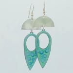 By Diana Hirschhorn...turquoise blue, green, silver earrings. Fan shape with leaf dangle are geometric, modern, one-of-a-kind & gorgeous!