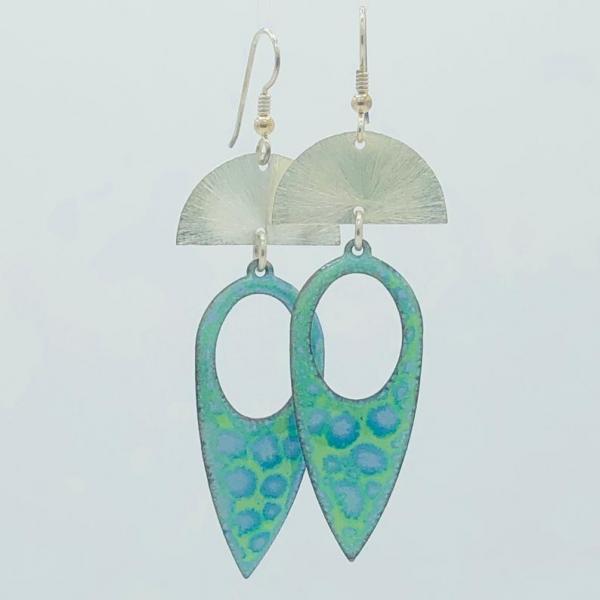By Diana Hirschhorn...turquoise blue, green, silver earrings. Fan shape with leaf dangle are geometric, modern, one-of-a-kind & gorgeous!