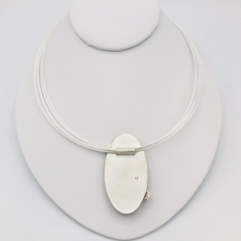 Water lily garden handmade necklace sterling silver/vitreous enamel with bumble bee & opal accents, multi-cable neck wire by DianaHDesigns! picture