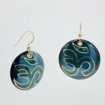 Yoga om earrings handmade, handpainted teal blue/green/gold vitreous enamel w/ gold-plated ear wires, one-of-a-kind, fun perfect for a yogi!