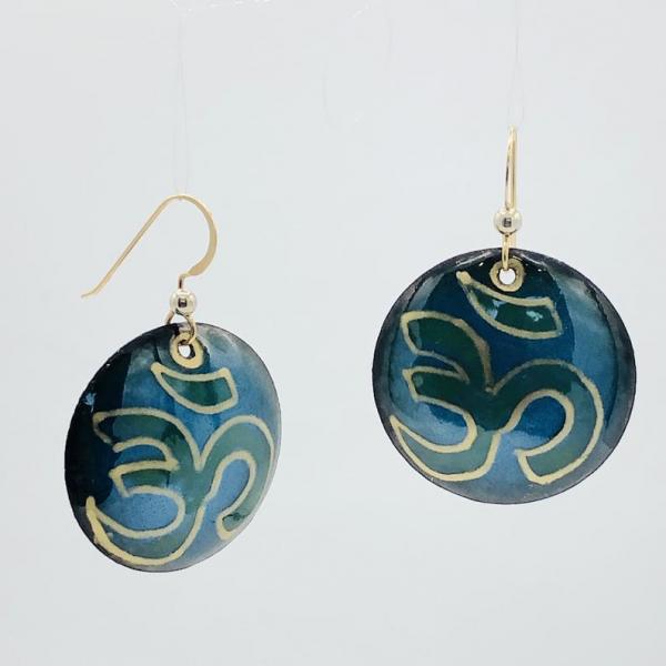 Yoga om earrings handmade, handpainted teal blue/green/gold vitreous enamel w/ gold-plated ear wires, one-of-a-kind, fun perfect for a yogi! picture