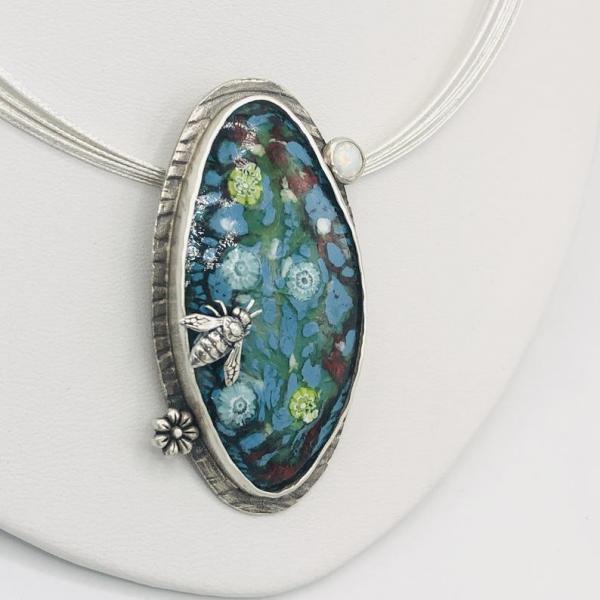 Water lily garden handmade necklace sterling silver/vitreous enamel with bumble bee & opal accents, multi-cable neck wire by DianaHDesigns! picture