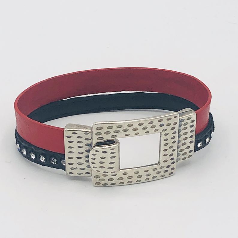 Red/Black Leather Wrap Swarovski Crystal Artisan Bracelet, Buckle Clasp in plated silver. Handmade by DianaHDesigns. Only one available! picture