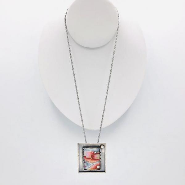 Architectural, Modern Handmade Cloisonné/Sterling Silver Necklace by DianaHDesigns. Pink, Orange, Red, White/Grey Enamel, Choice of chain! picture