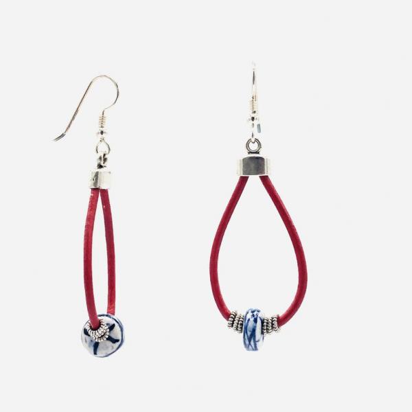 Handmade leather dangle earrings in red, blue, white with silver accents. Lightweight, one-of-a-kind. Sterling ear wires! DianaHDesigns picture