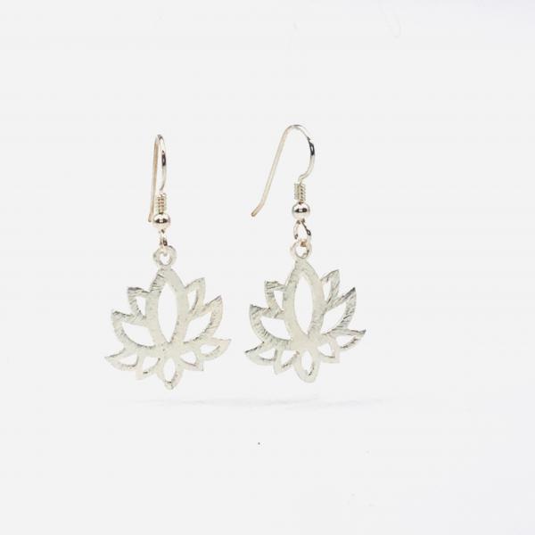 Lotus yoga earrings gold or silver tone minimalist flower design lightweight pierced dangles. Fun, Artful Handmade Jewelry by DianaHDesigns