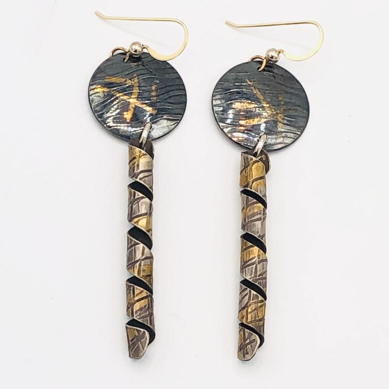 Modern, contemporary 24K gold/sterling silver industrial/architectural design earrings by DianaHDesigns. Oxidized, textured, one-of-a-kind! picture