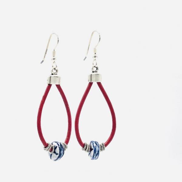 Handmade leather dangle earrings in red, blue, white with silver accents. Lightweight, one-of-a-kind. Sterling ear wires! DianaHDesigns picture