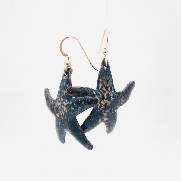 Handmade star shaped dangle earrings. Holiday style starfish in black/gold enamel. Beachy, tropical, fun! Artful Jewelry by DianaHDesigns picture