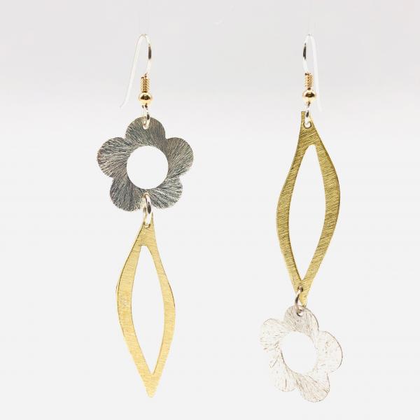 Asymmetrical flower and leaf design earrings in gold/silver tones. Fun, bold, elegant, lightweight & sexy statement dangles by DianaHDesigns picture