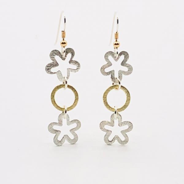 Interconnecting flower and circle dangle earrings in silver/gold, sterling silver ear wires. Elegant, sexy & lightweight. By DianaHDesigns picture