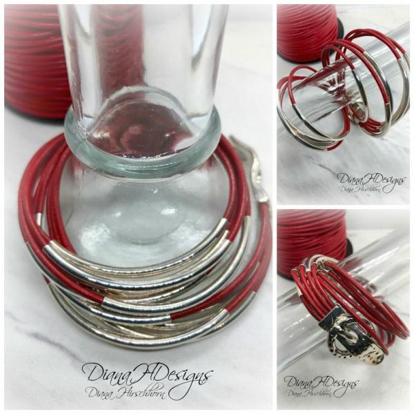 Red Leather Multi-Strand Double Wrap Bracelet with Silver Tone Beads, Magnetic Buckle Clasp. Artful Handmade Jewelry by Diana Hirschhorn picture