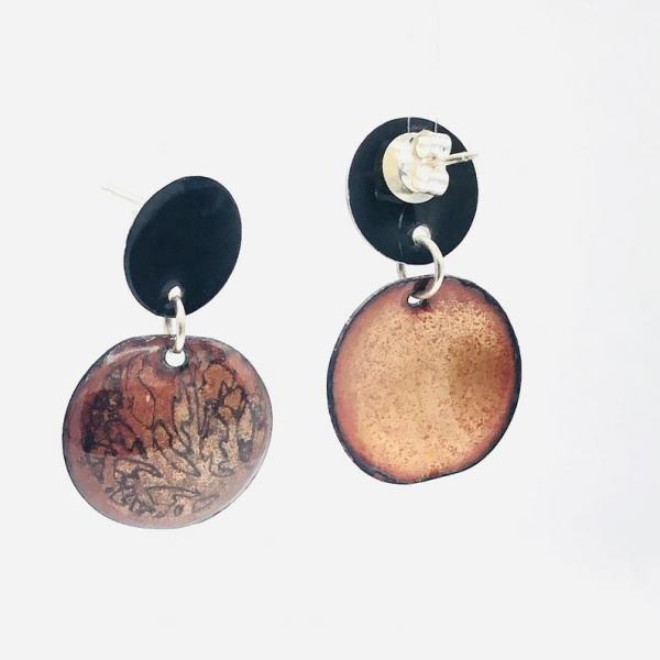 Enamel post earrings. Etched design in fall colors black/coppery gold. Modern, unique and fun. Artful Handmade Jewelry by DianaHDesigns! picture